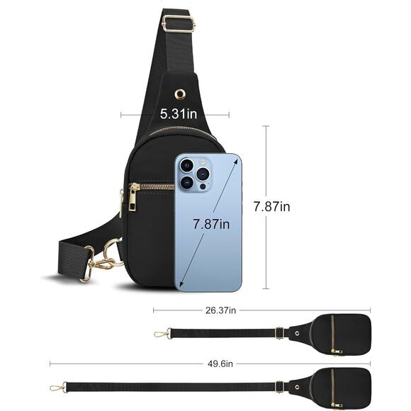 3 For $15 black Sling Crossbody Bag w/ Gold Zippers – Minimalist & Lightweight - Picture 2 of 5